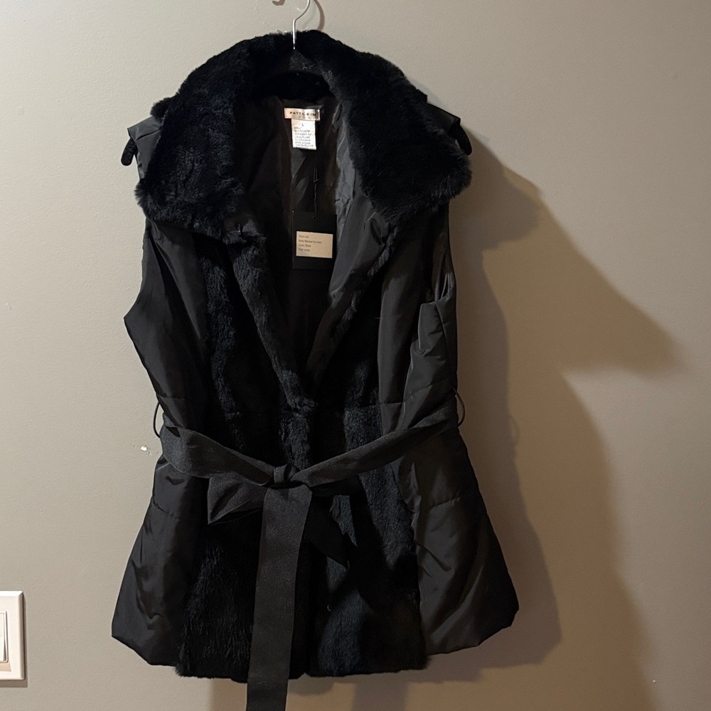 PATTY KIM Black Rabbit Fur Vest Body Warmer Hook Closure Large NWT Belted NEW